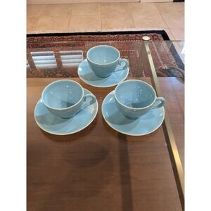 Set of 3 Poppytrail California Blue Cups & Saucers MCM Pottery,  Bamboo Handle